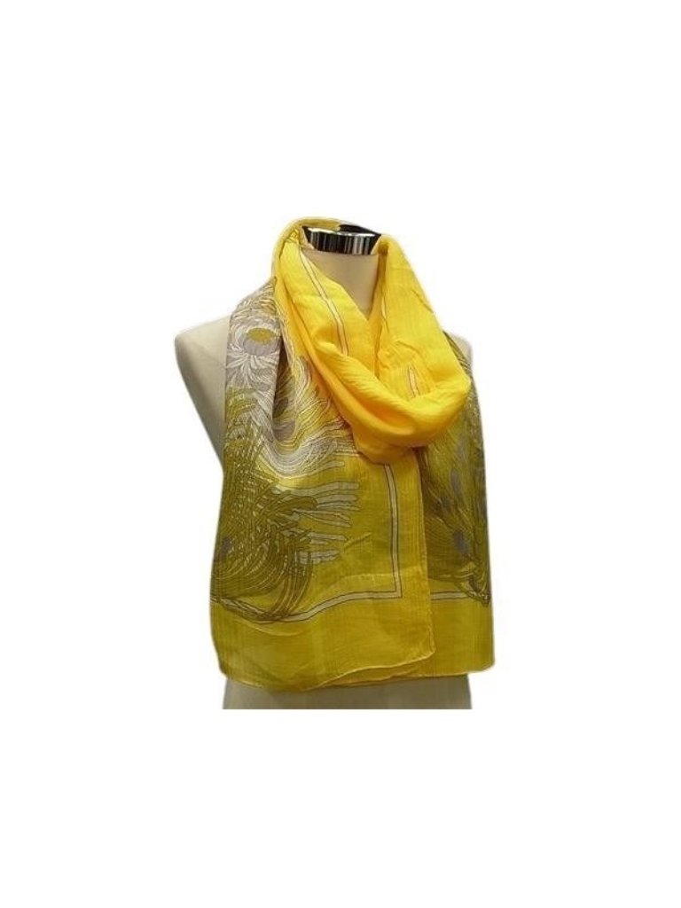 Gucci Ucci Shawl Chrysanthemum Pattern Yellow Multicolor Silk 51% Viscose Scarf